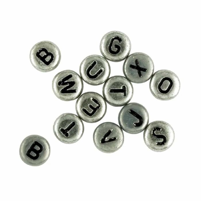 Beads |   6Mm Silver Colour Flat Round Alphabet Beads Beads Beads