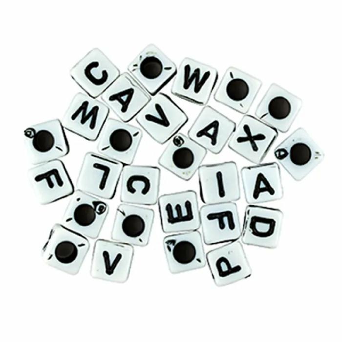 Beads |   White With Black Colour Letters Alphabet Cube Beads Beads Beads